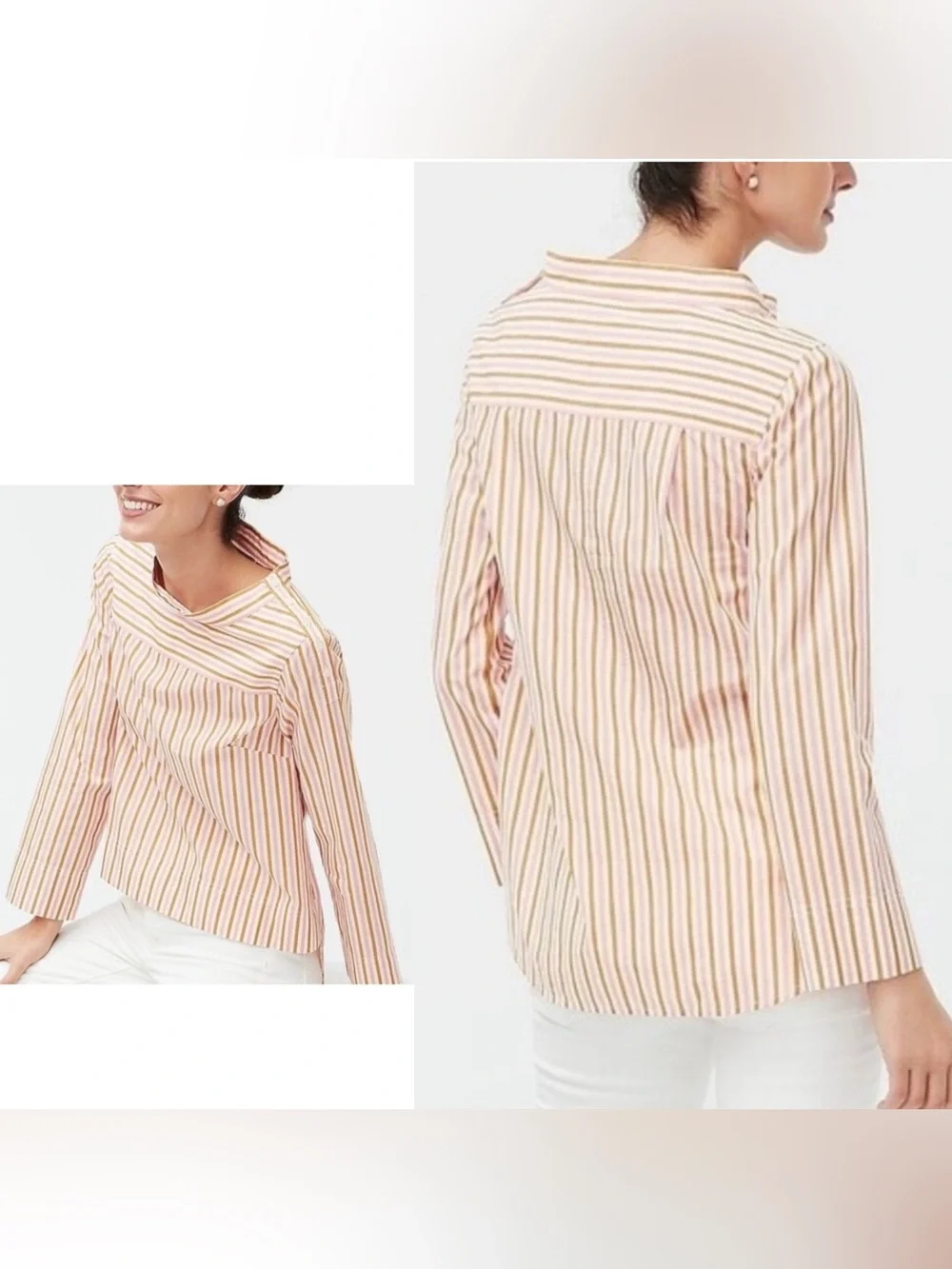 J Crew Womens Maddie Striped Funnelneck Top 10 Cotton Poplin Sapphire Casual